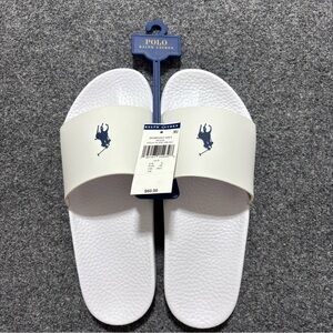 Size 10 - Polo Ralph Lauren White Slides Mens Sandals Pool Comfort Slip On